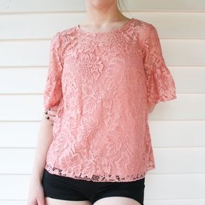 S Pink Lace Top with Flared Sleeves